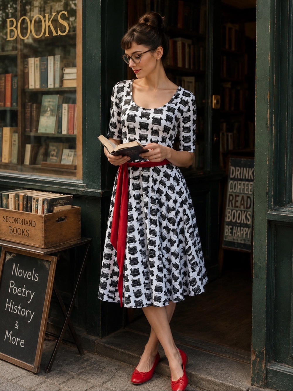 Effie's Heart Black & White Printed Midi Dress with Red Sash